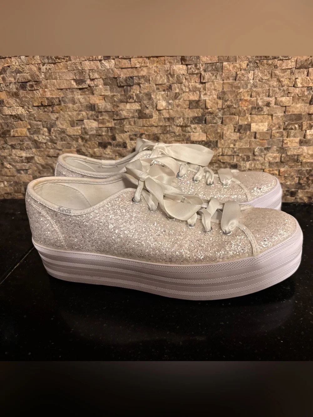 kate spade / keds Glitter Platform Sneakers Ivory Sparkle - like new